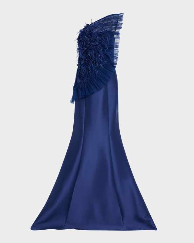 Strapless Feather Ruffle Trumpet Gown
